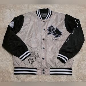 Men's King Of Hearts Black and Beige Varsity Bomber Jacket By Brooklyn Sz. Large